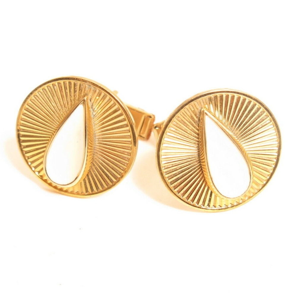 Vintage White Enamel Teardrop‎ Round Gold Cufflinks